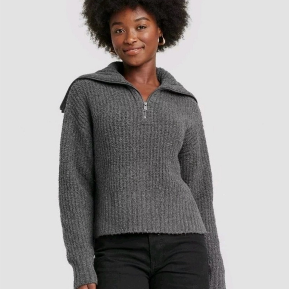 Old Navy Gray Ribbed Half-Zip Sweater